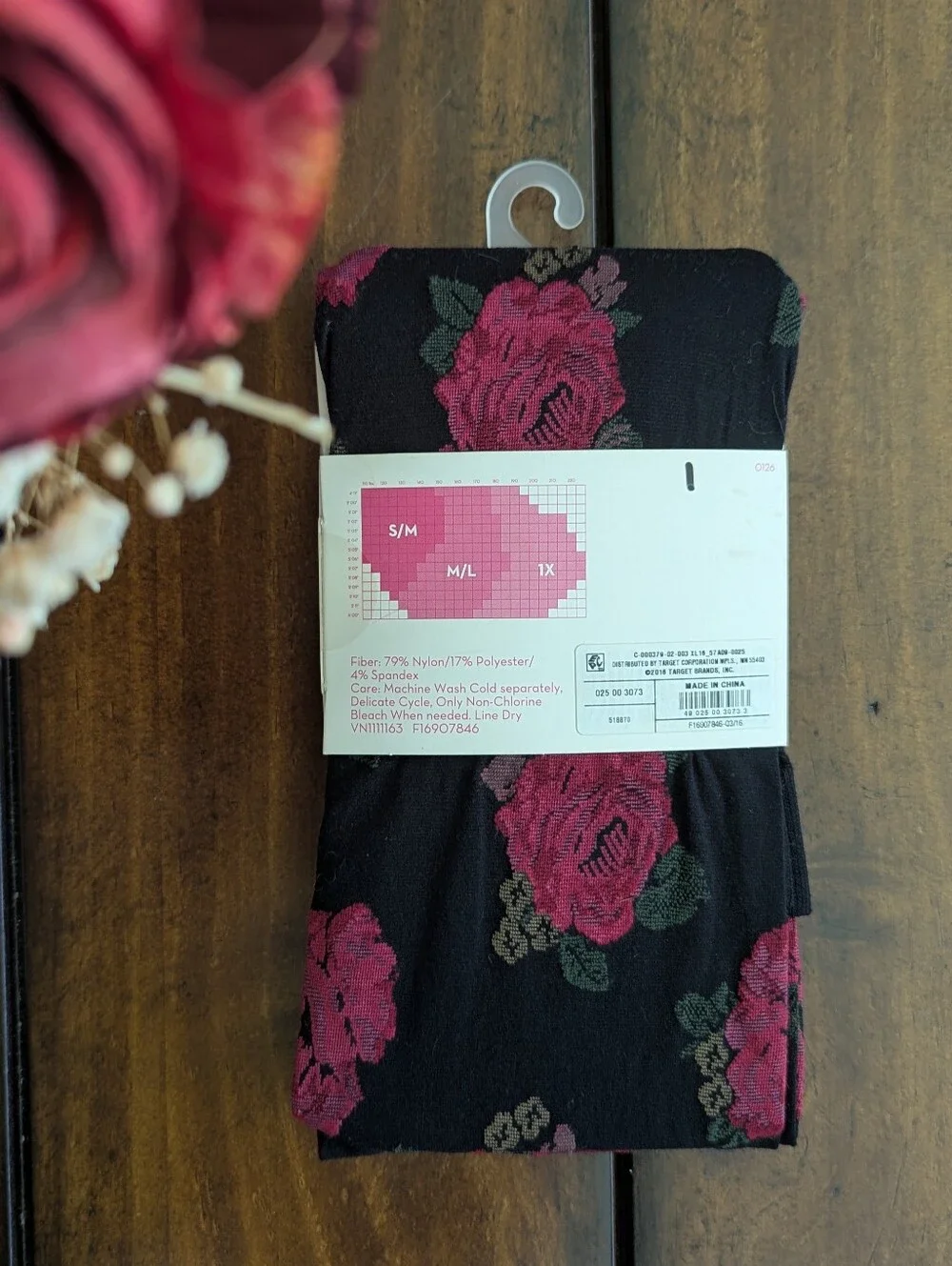 NIP Xhilaration Target Rose Floral Patterned Fashion Tights Black Pink S/M